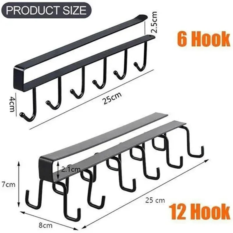 Cabinet Storage Rack Multifunctional Wardrobe Organizing Rack with 6/12 Hooks Kitchen Cup Holder No Punching Storage Rack